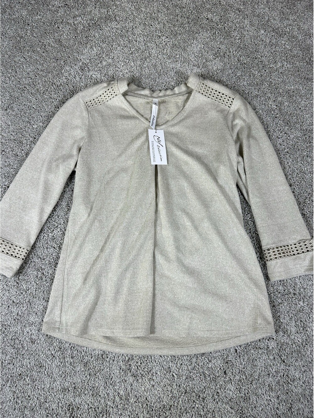 NYC Sweater Size Small Beige Tan Open Embroidery